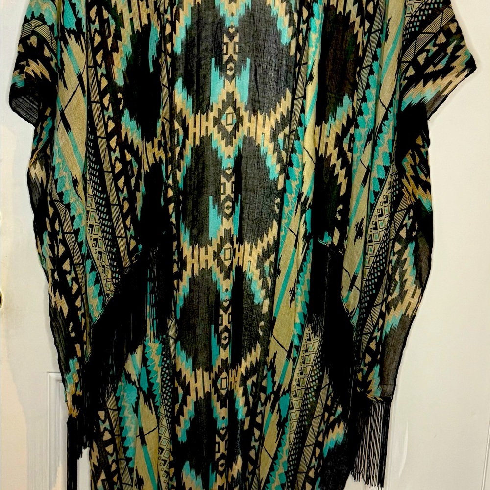 Bohemian Native turquoise and blacPatterned sheer lightweight shawl with Fringe